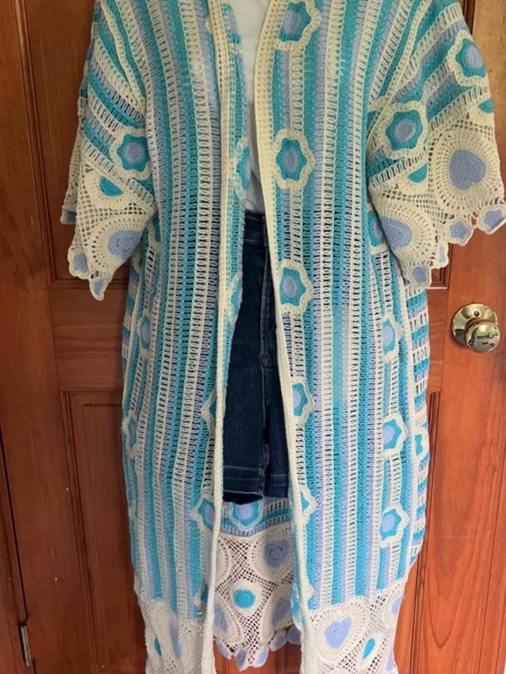 POL Blue and Cream Crochet Open-Front Maxi Cape